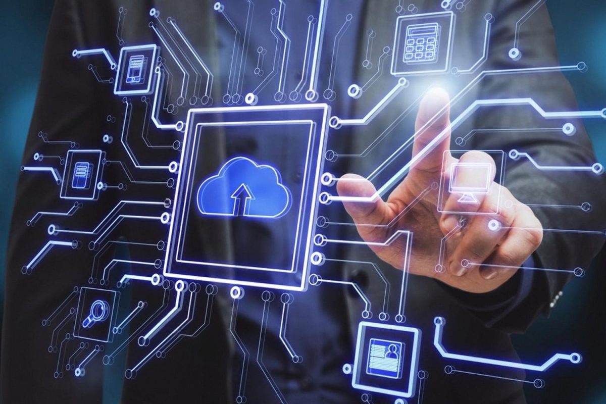 Businessman interacting with a cloud computing interface representing Microsoft 365 services in Dubai