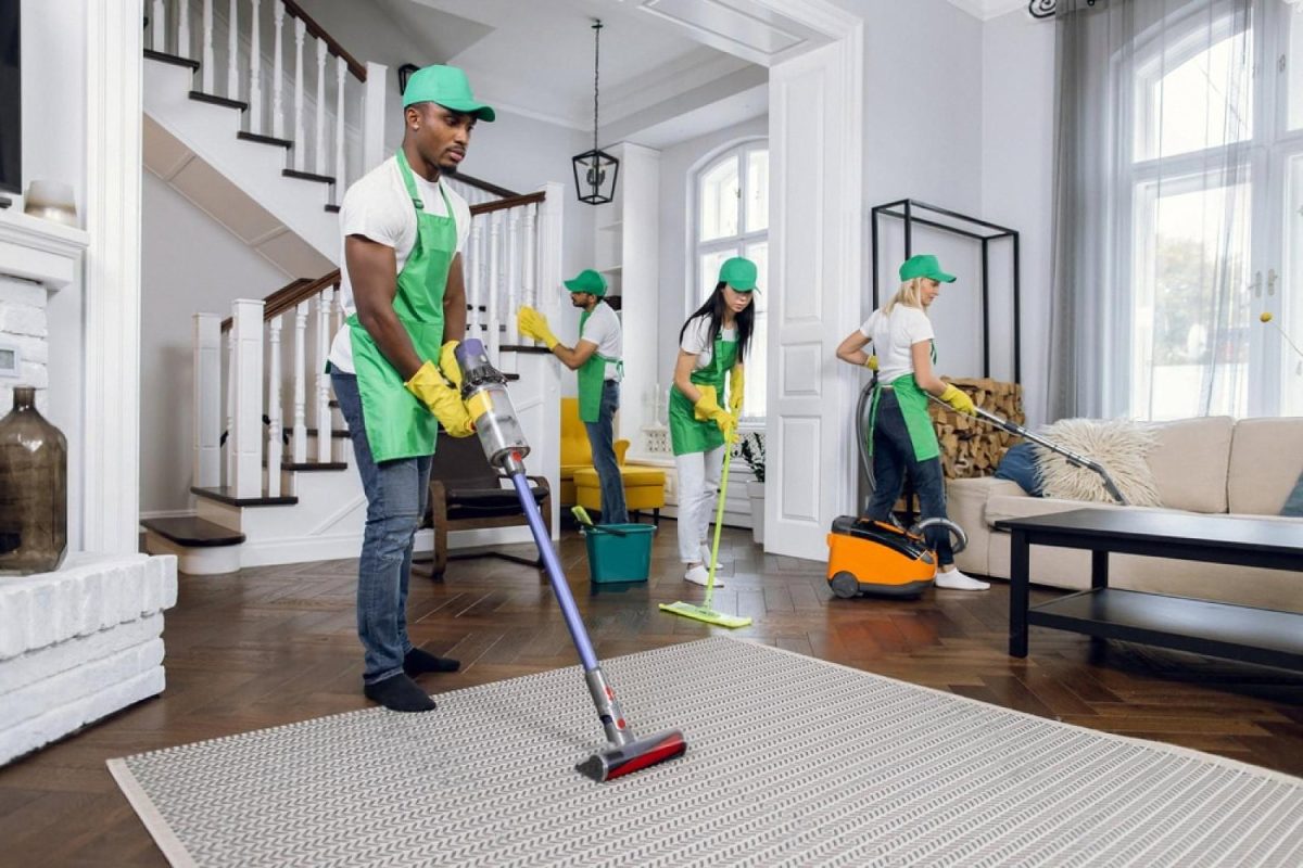 Professional home maintenance team servicing a villa interior in Dubai